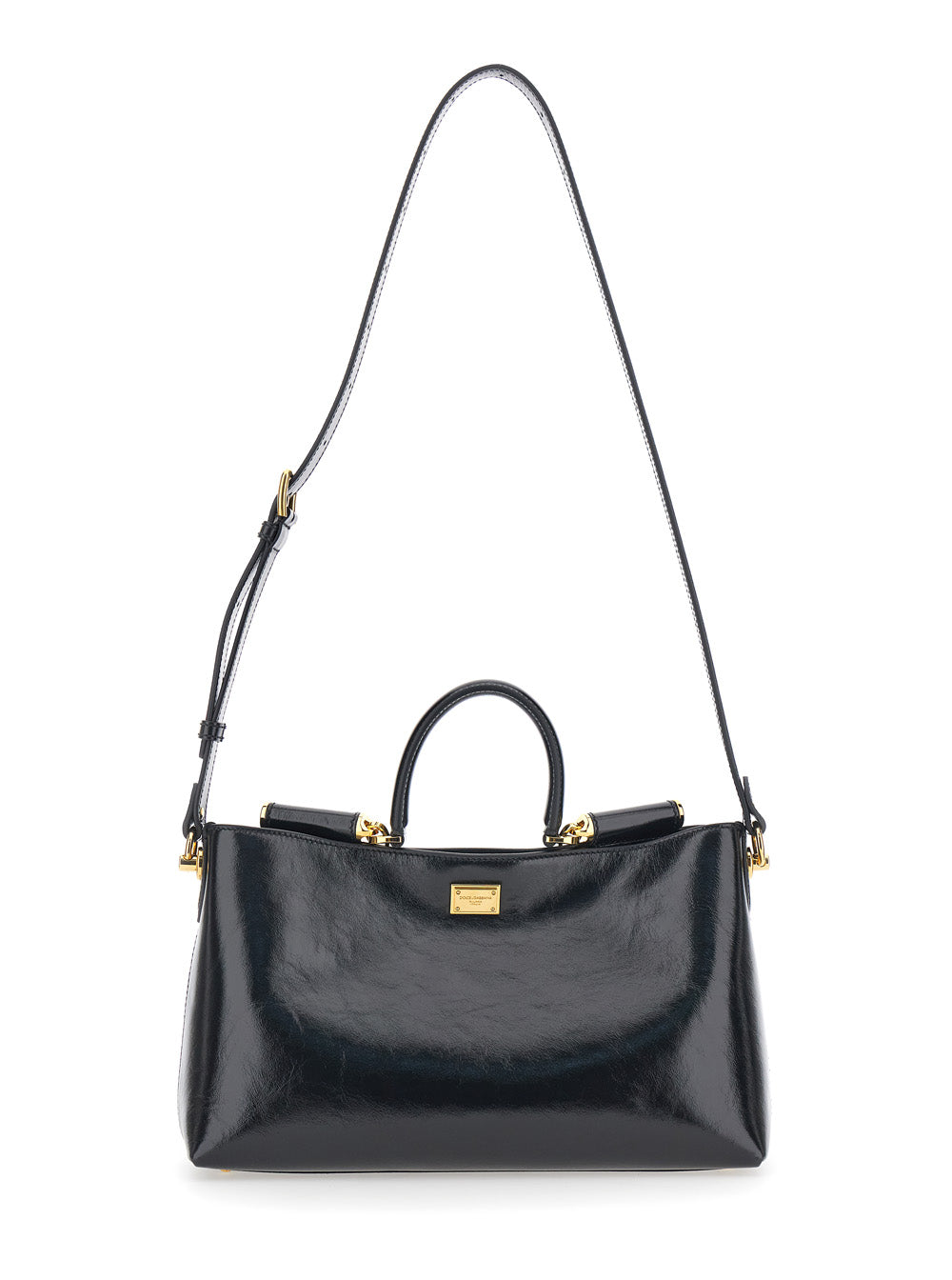 Handbag Vittoria with Adjustable Shoulder Strap and Logo Plate in Black Leather for Women Calf Hand Bags