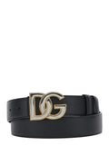 Black Belt with Logo Buckle in Leather for Men Calf