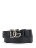 Black Belt with Logo Plate on the Front in Leather for Men Calf