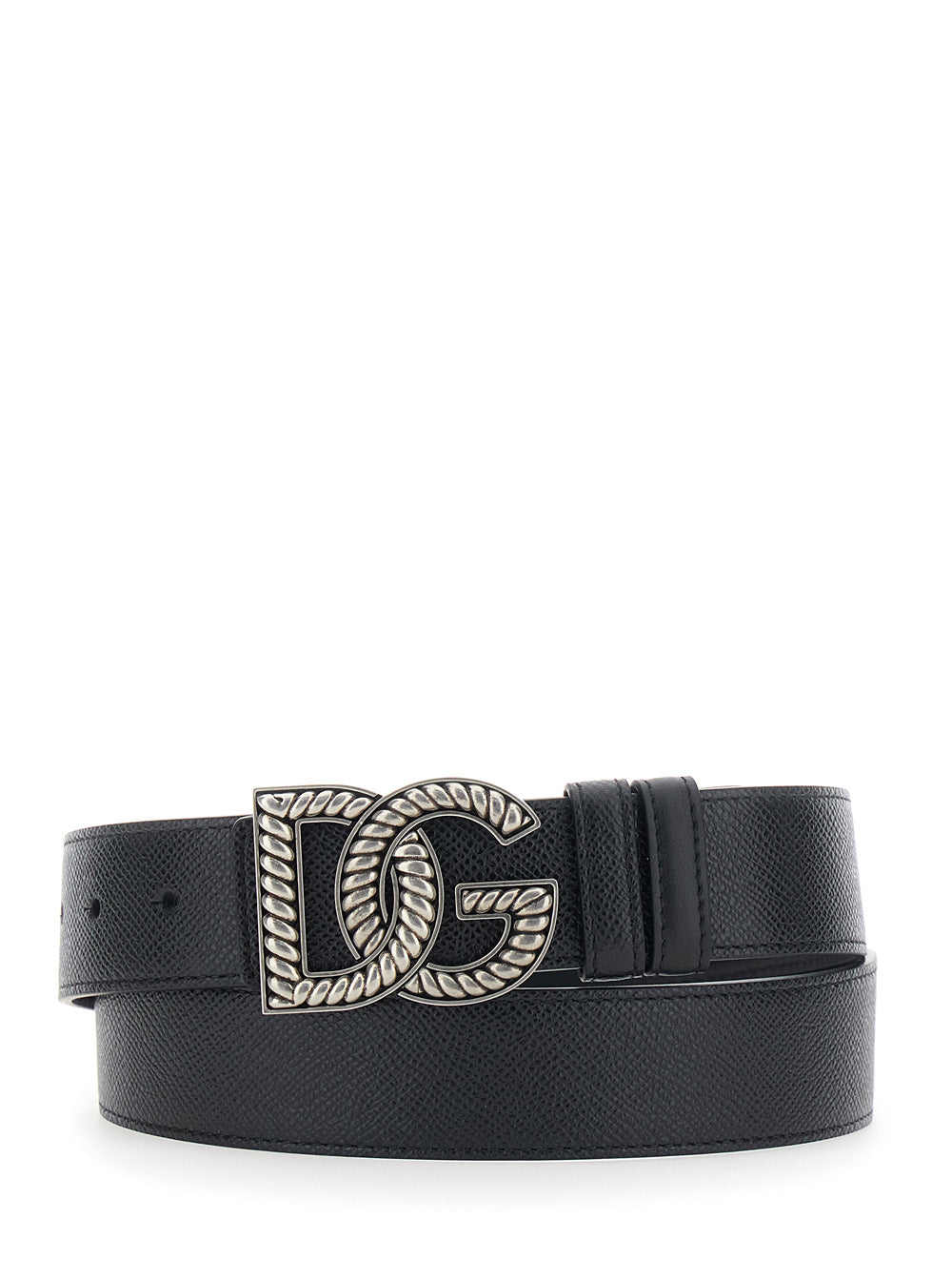 Black Belt with Logo Plate on the Front in Leather for Men Calf