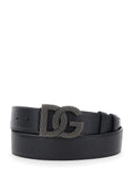 Black Leather Belt with Logo Buckle for Men Calf