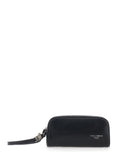 Black Clutch with Wrist Strap and Lettering Logo on the Front in Leather for Men Cotton Clutches Pochettes