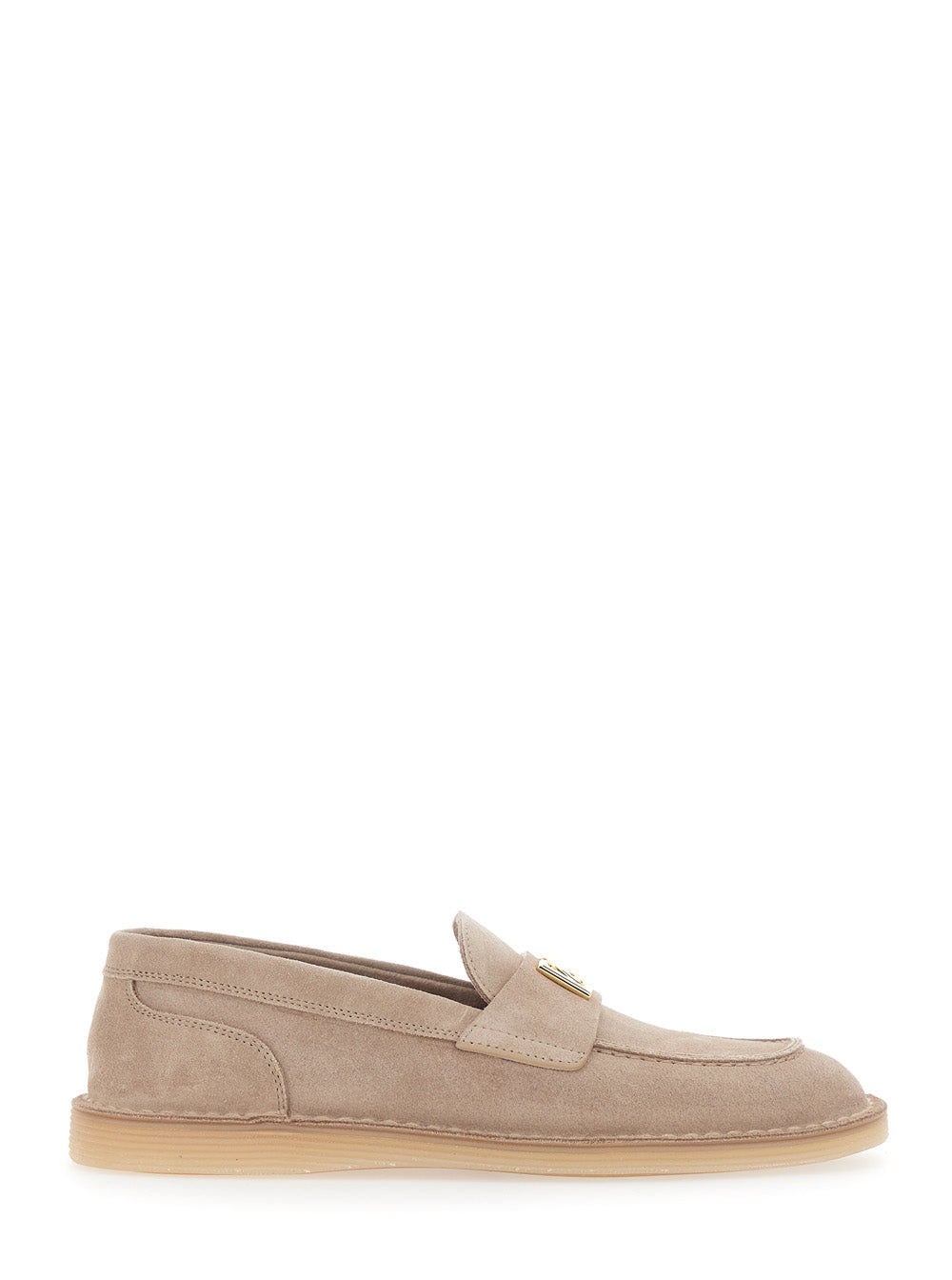 Beige Loafers with Logo Plate on the Front in Suede for Women Calf
