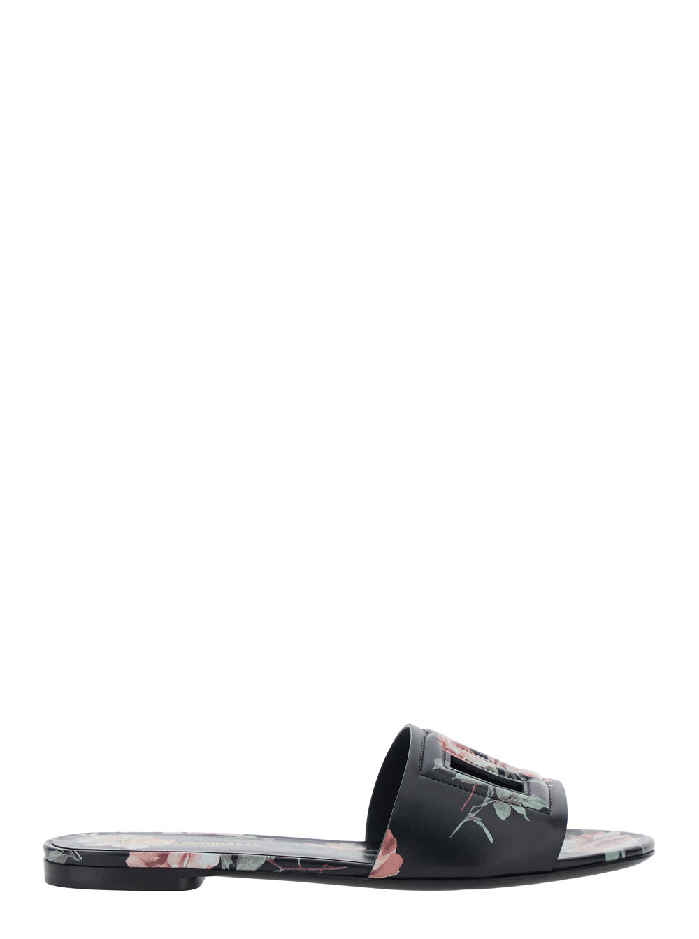 Black Leather Slide Sandals with Cut Out DG Logo and Floral Motif for Women Lamb Sheep Calf Flat Shoes