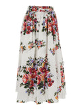 White Long Skirt With Floral Print And Elastic Waist Cotton For Women