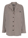Brown Shirt with Notched Revers Collar and All-Over Stripes Motif in Cotton for Women Blouses