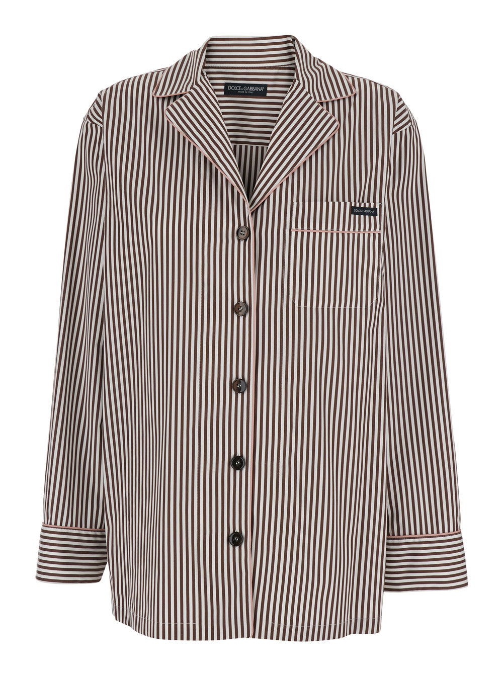 Brown Shirt with Notched Revers Collar and All-Over Stripes Motif in Cotton for Women Blouses