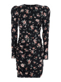 Black Dress with Floral Print and Side Draping in Silk for Women Elastane