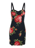 Black Short Dress with Floral Print in Viscose Woman Elastane Silk