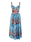 Blue Long Dress Printed Popeline Maxi With Cotton Print Motif Blu