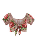 Pink Floral Print Crop Top with Double Knot In Cotton for Women Tops