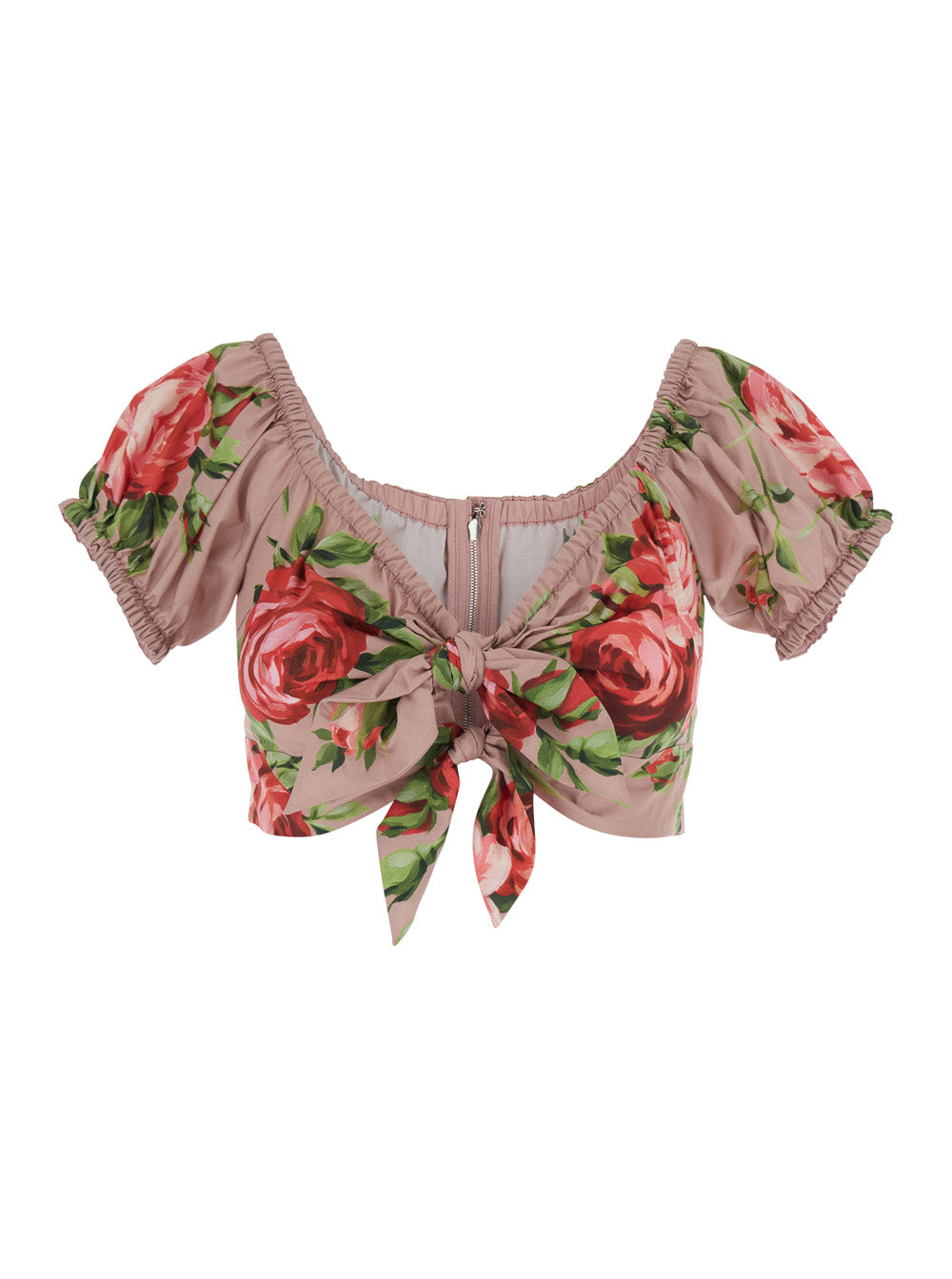 Pink Floral Print Crop Top with Double Knot In Cotton for Women Tops