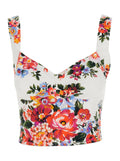 Multicolor Floral Print V-Neck Bustier Top in Cotton for Women Elastane Polyamide Tops