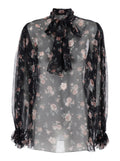 Black Floral Print Blouse with Front Knot in Chiffon for Women Shirts And Blouses