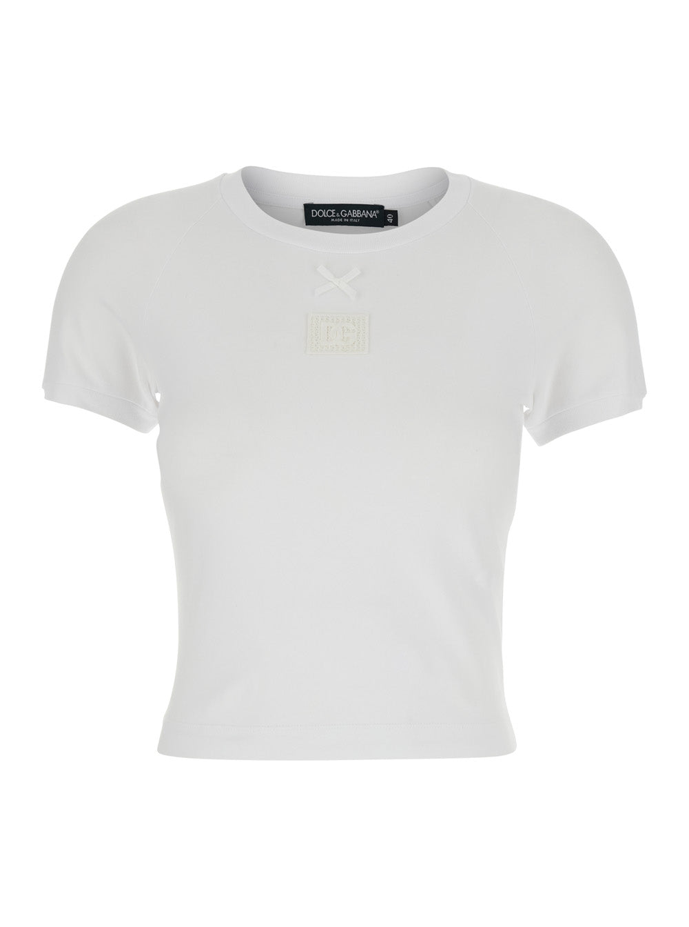White Cotton Crew Neck T-Shirt with Bow and Logo on Front for Women Elastane Tshirts Polo Shirts