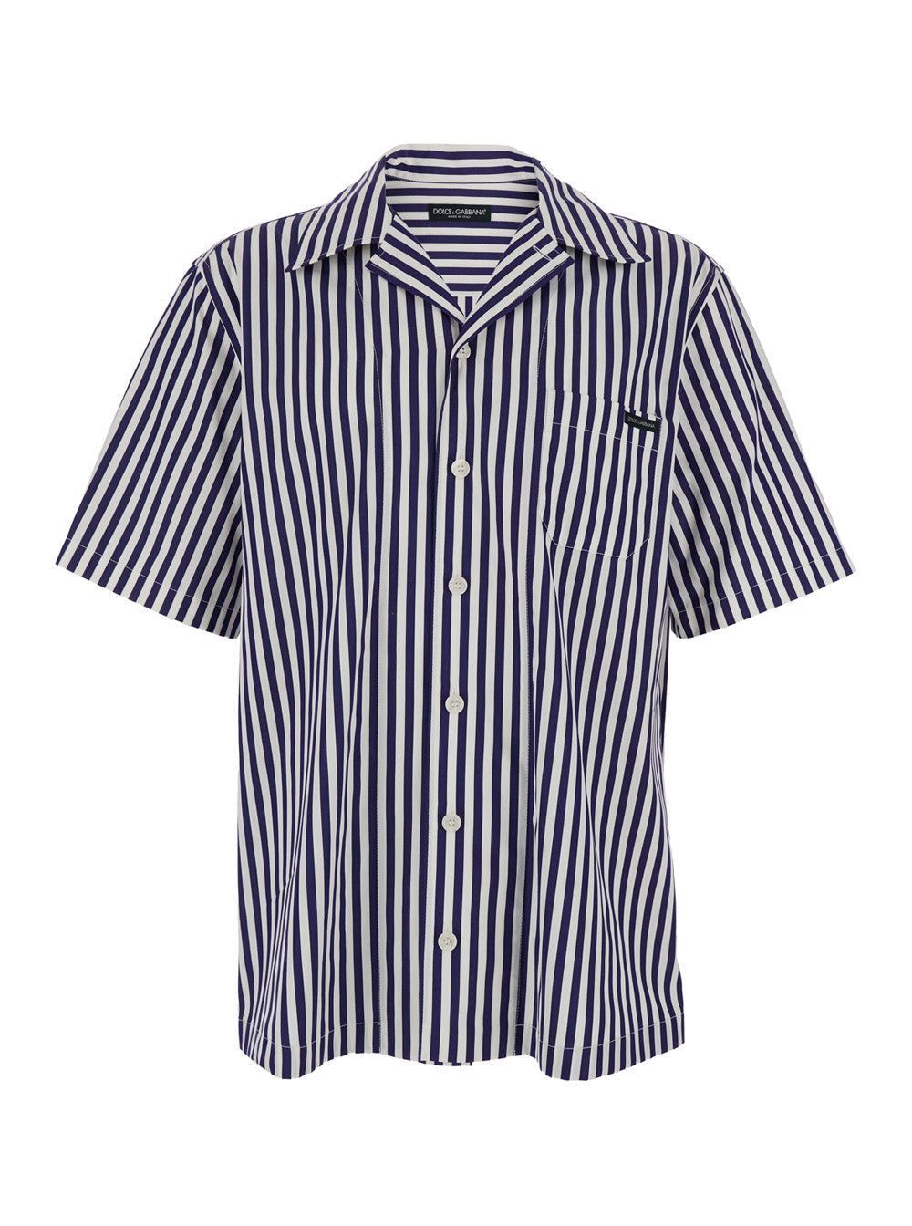 Blue Bowling Shirt with Cuban Collar and All-Over Striped Motif in Cotton for Men Blu Blouses
