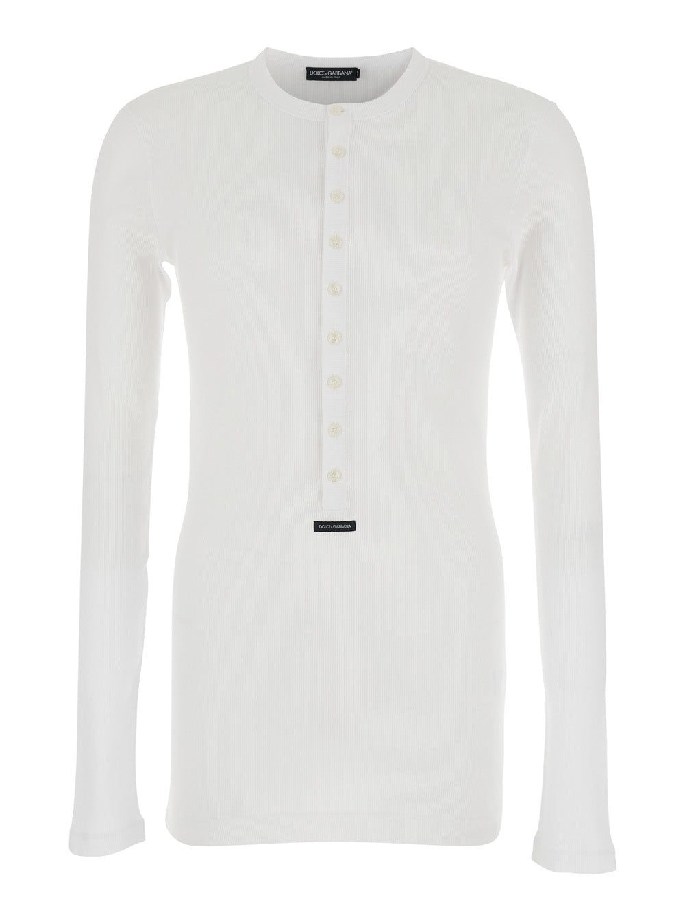 Serafino White Crew Neck T-Shirt with Long Sleeves and Logo Patch on the Front in Cotton for Men Tshirts Polo Shirts