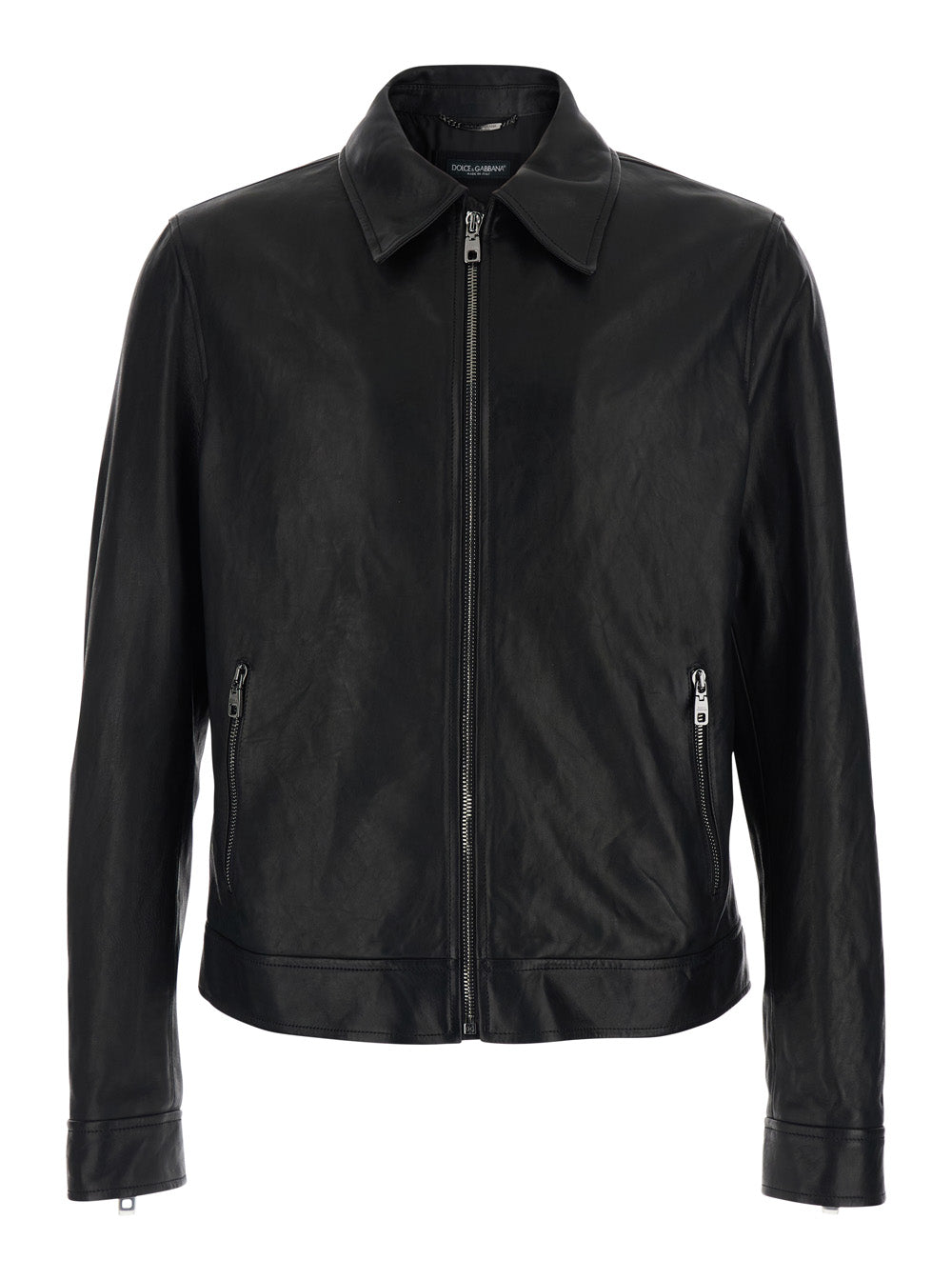 Black Jacket with classic collar and logo patch on the back in leather for men Viscose Outerwear