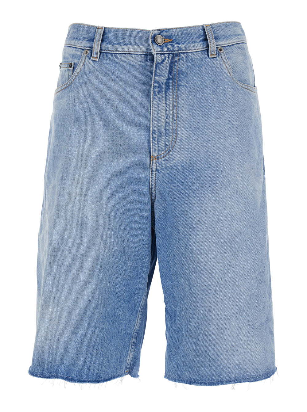 Blue Five-pocket Bermuda with metallic logo patch on the back in denim for men Light Cotton Shorts And