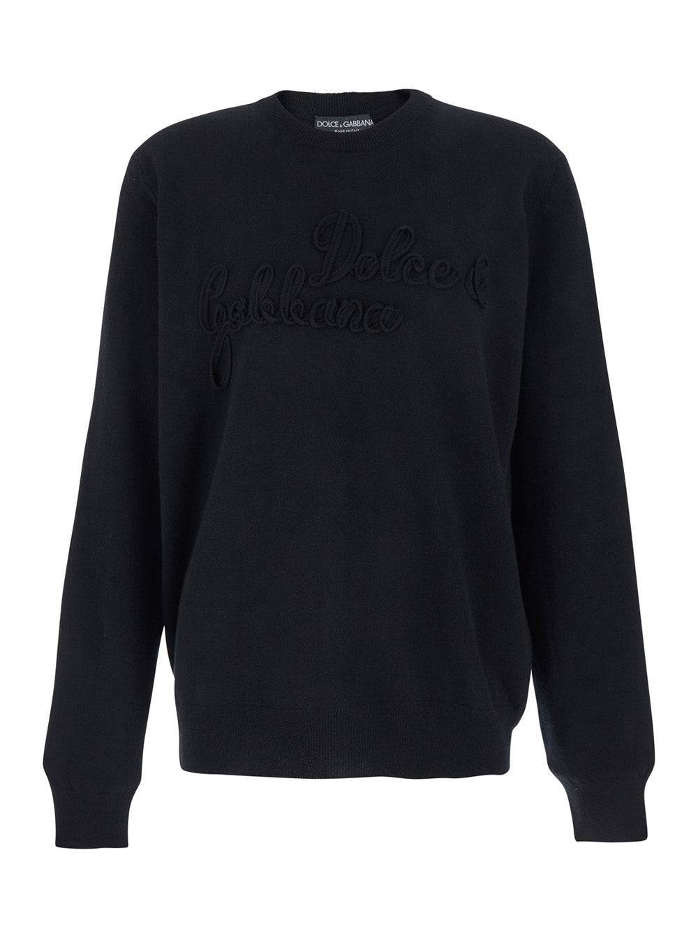 Crew Neck Sweater with Logo Lettering on the Front in Black Wool for Men Virgin Jersey