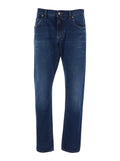 Blue Jeans with Belt Loops and Logo Patch on the Back for Men Blu Cotton