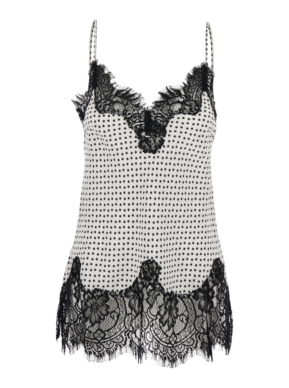 V-neck Top with All-over Print and Lace Details in White Fabric for Women Tops