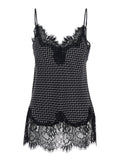 Black V-neck top with all-over print and lace details in fabric woman Tops