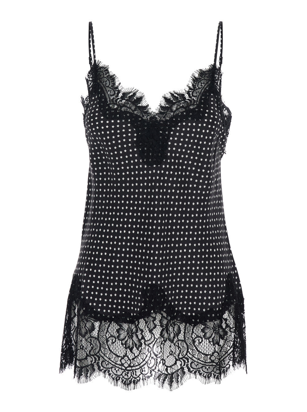Black V-neck top with all-over print and lace details in fabric woman Tops