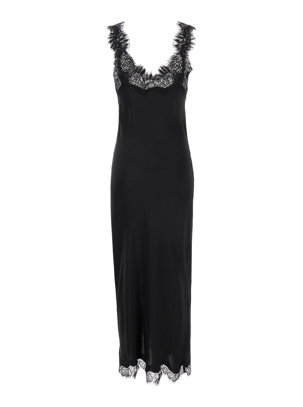 Miley Black Long Dress With Tone-On-Tone Lace Trimmings Silk Women - M