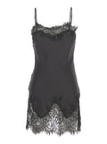 Black Dress With Lace Embroidery Details And Thin Straps Fabric Woman