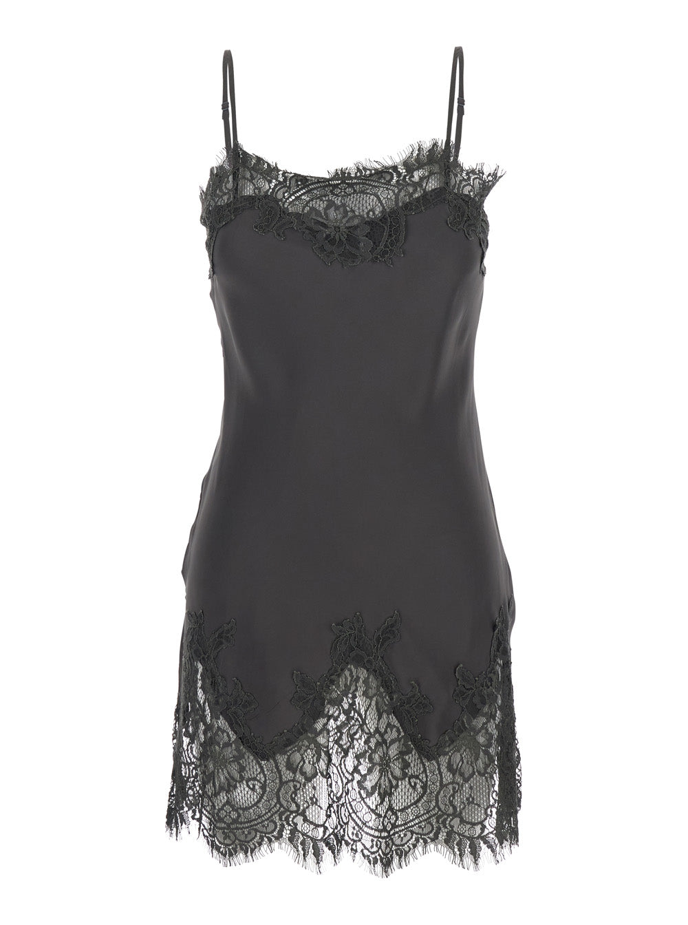 Black Dress With Lace Embroidery Details And Thin Straps Fabric Woman