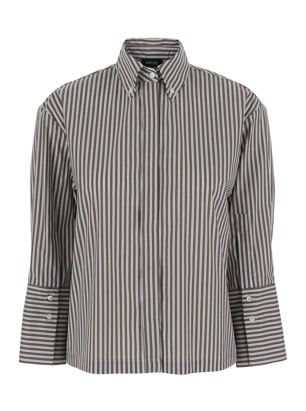 Shirt Striped Boxi With Stripes And Short Sleeves Tech Fabric Brown Women Blouses