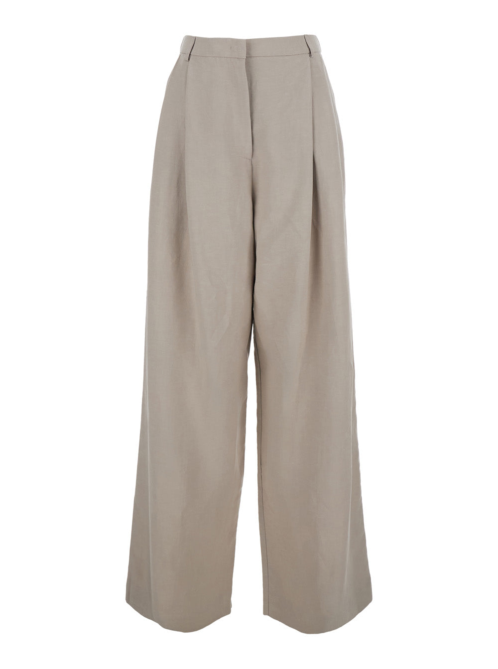 Beige High-Waisted Pants With Side Pockets In Cotton For Women Trousers
