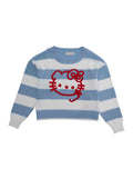 Crew Neck Sweater with Hello Kitty Embroidery on the Front and All-Over Striped Motif in Viscose Blend for Girls Light Blue Polyester Jersey