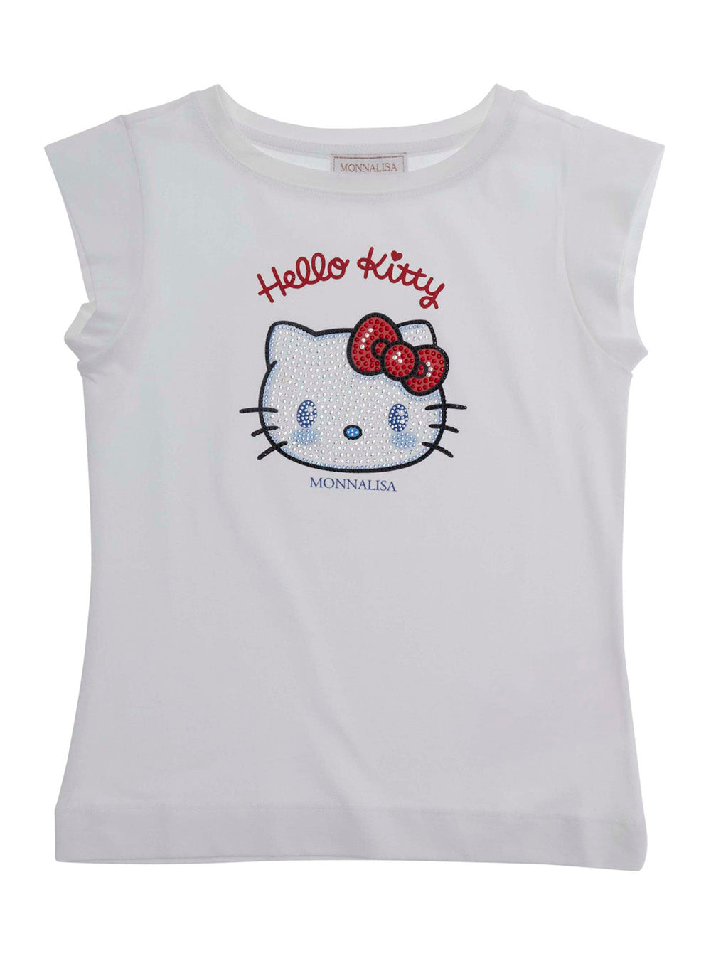 T-Shirt Hello Kitty Crew Neck with Rhinestone Decoration and Front Print in White Cotton for Girls Tshirts Polo Shirts
