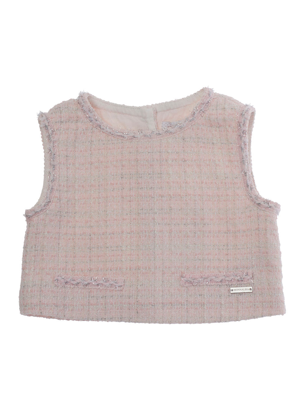 Top with Round Neck and Tweed Effect Design in Cotton Blend for Girls Pink Tops
