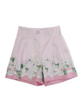 Pink Floral Print Bermuda Shorts with Belt Loops for Girls Polyester And