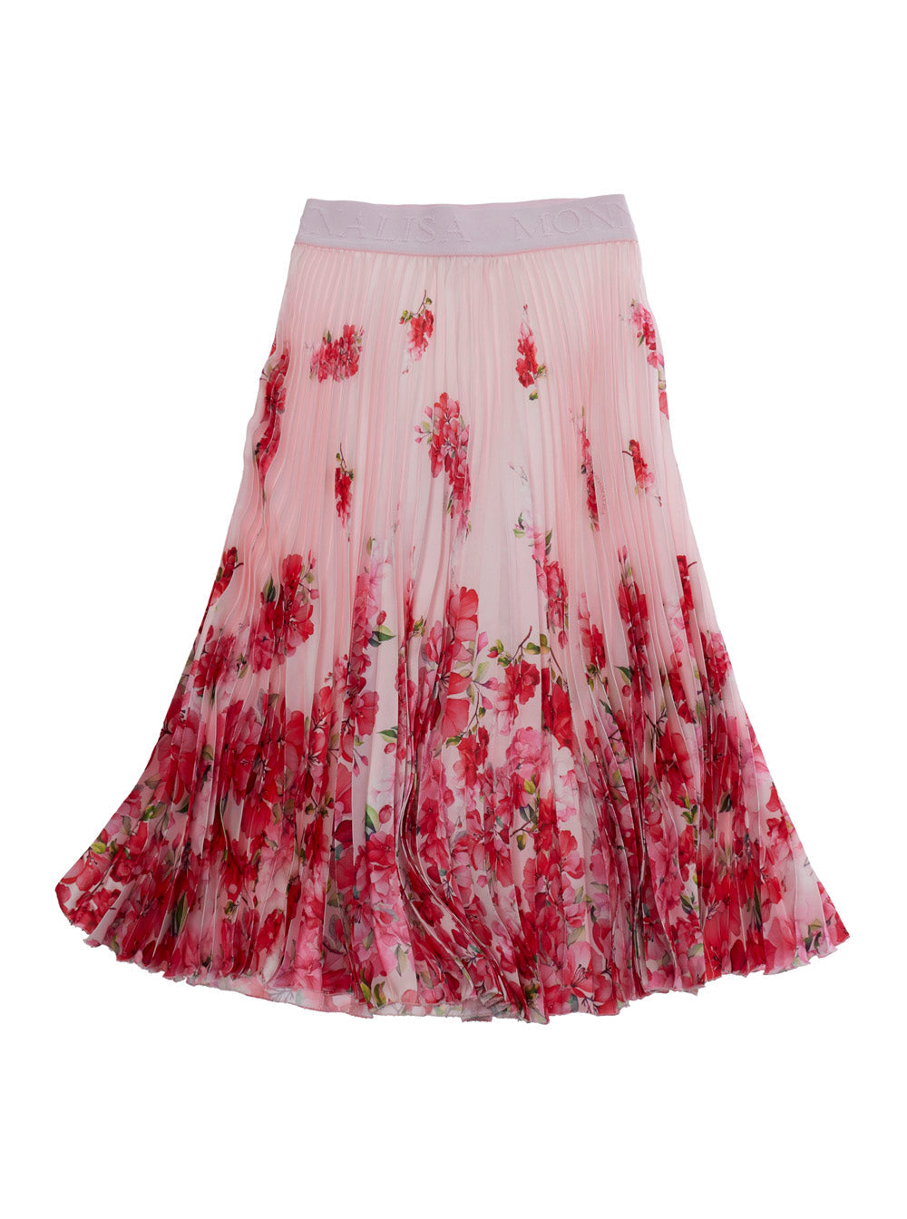 Pleated Skirt with All-Over Floral Motif in Pink for Girls White Polyester