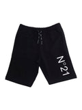 Black Cotton Bermuda Shorts with Elastic Waist and Drawstring Logo Print on the Front for Kids