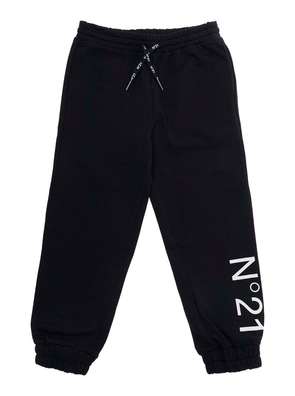 Black Cotton Pants with Elastic Waist and Drawstring Maxi Logo for Kids Trousers