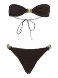 Lumiere Bikini with Metal Rings and Adjustable Closure Drawstrings in Brown Tech Fabric for Women Beachwear