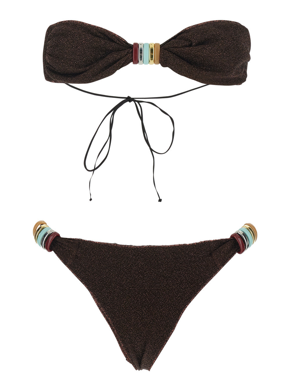 Lumiere Bikini with Metal Rings and Adjustable Closure Drawstrings in Brown Tech Fabric for Women Beachwear