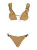 Lumiere Bikini with Metal Rings and Adjustable Closure in Gold Tech Fabric for Women Metallic Beachwear