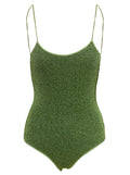 One-Piece Swimsuit Lumière Maillot with Deep Back Neckline in Green Lurex for Women Beachwear