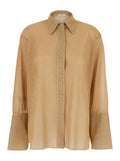 Dress Lumiere with Classic Collar and Bell Sleeves in Gold Tech Fabric for Women Metallic Shirts Blouses