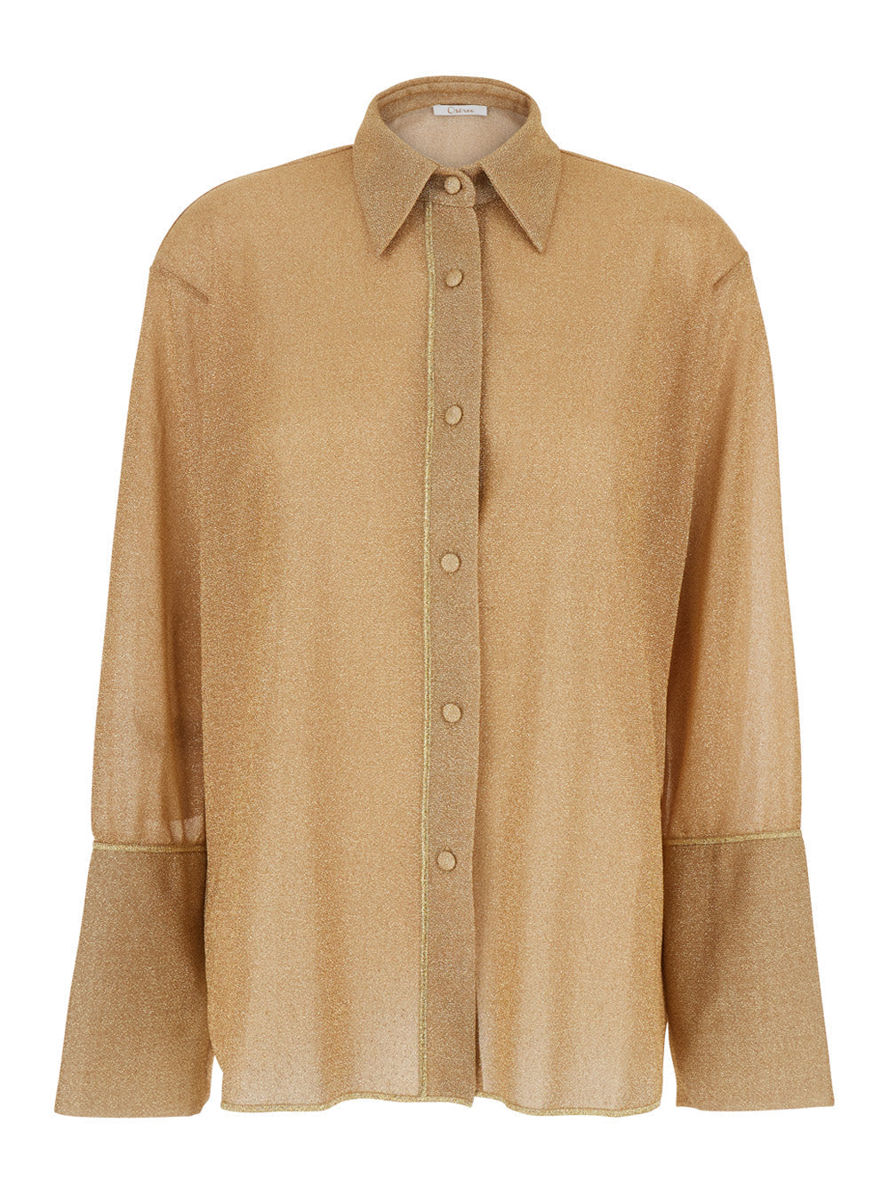 Dress Lumiere with Classic Collar and Bell Sleeves in Gold Tech Fabric for Women Metallic Shirts Blouses