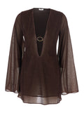 Brown Caftan with Deep V-Neck and Semi-Transparent Design Polyamide Metallic Fibre Beachwear