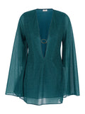 Lumière Blue Caftan with V-Neck and Metal Ring in Womens Fabric Blu Beachwear