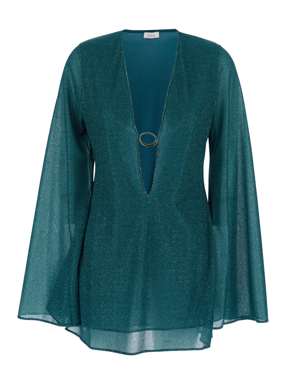 Lumière Blue Caftan with V-Neck and Metal Ring in Womens Fabric Blu Beachwear
