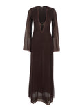 Caftan RLS261CHOCOLATE with Deep V-Neck and Semi-Transparent Design in Brown Fabric for Women Polyamide Metallic Fibre Beachwear